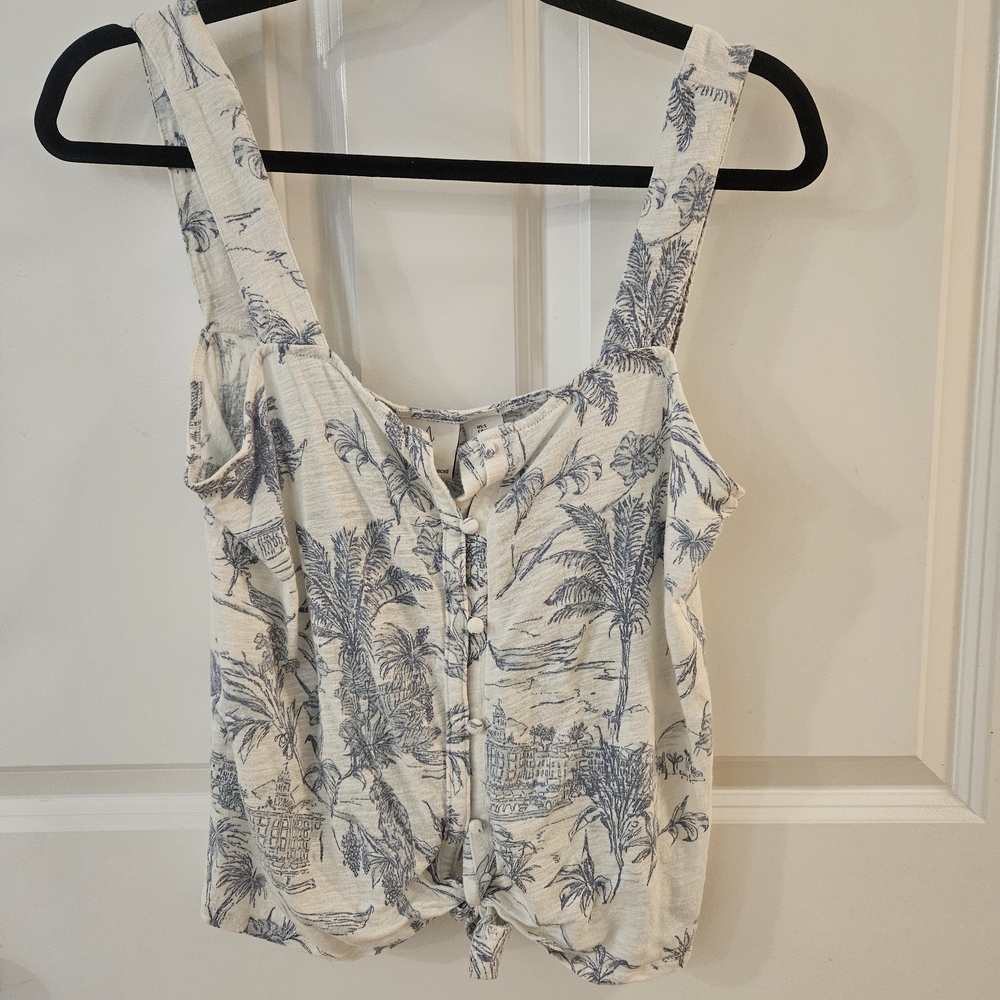 Joie Cream and Blue Palm Print Blouse
